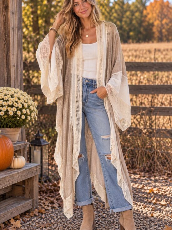 POL Sweaters - POL Clothing Long Duster Cardigan Beige Cream Mixed Knit Boho Medium
